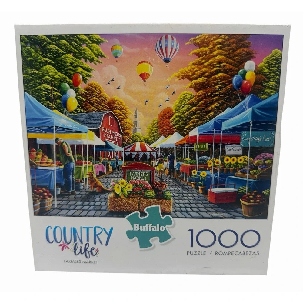 Lot of 2 Buffalo Games Country Life 1000 Pc Puzzles Farmers Market Patriotic